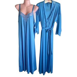 Vintage Vanity Fair Nightgown Robe Set Womens Large Blue Nylon Lace Trim 80s USA